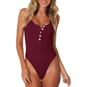 imageREORIA Womens Trendy Sexy Scoop Neck Racerback Tank Top Button Down Bodysuits07burgundy