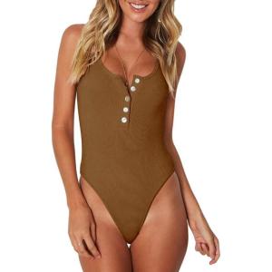 imageREORIA Womens Trendy Sexy Scoop Neck Racerback Tank Top Button Down BodysuitsBrown
