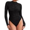 imageREORIA Womens Lace Crew Neck Bodysuits Long Sleeve Double Lined Going Out Fashion Tops 2024 TrendyBlack
