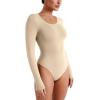 imageREORIA Womens Long Sleeve Bodysuits Fall Basic Round Neck Lightweight Double Lined Layering Slim Body Suit TopsApricot