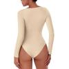 imageREORIA Womens Long Sleeve Bodysuits Fall Basic Round Neck Lightweight Double Lined Layering Slim Body Suit TopsApricot