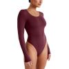 imageREORIA Womens Long Sleeve Bodysuits Fall Basic Round Neck Lightweight Double Lined Layering Slim Body Suit TopsBurgundy
