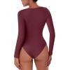 imageREORIA Womens Long Sleeve Bodysuits Fall Basic Round Neck Lightweight Double Lined Layering Slim Body Suit TopsBurgundy