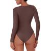 imageREORIA Womens Long Sleeve Bodysuits Fall Basic Round Neck Lightweight Double Lined Layering Slim Body Suit TopsCocoa