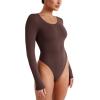 imageREORIA Womens Long Sleeve Bodysuits Fall Basic Round Neck Lightweight Double Lined Layering Slim Body Suit TopsCocoa