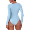 imageREORIA Womens Long Sleeve Bodysuits Fall Basic Round Neck Lightweight Double Lined Layering Slim Body Suit TopsHaze Blue