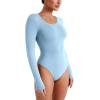 imageREORIA Womens Long Sleeve Bodysuits Fall Basic Round Neck Lightweight Double Lined Layering Slim Body Suit TopsHaze Blue