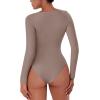 imageREORIA Womens Long Sleeve Bodysuits Fall Basic Round Neck Lightweight Double Lined Layering Slim Body Suit TopsLight Coffee