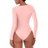 imageREORIA Womens Long Sleeve Bodysuits Fall Basic Round Neck Lightweight Double Lined Layering Slim Body Suit TopsLight Pink