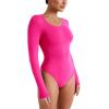 imageREORIA Womens Long Sleeve Bodysuits Fall Basic Round Neck Lightweight Double Lined Layering Slim Body Suit TopsNeon Rose Red