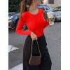 imageREORIA Womens Long Sleeve Bodysuits Fall Basic Round Neck Lightweight Double Lined Layering Slim Body Suit TopsRed
