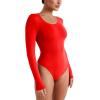 imageREORIA Womens Long Sleeve Bodysuits Fall Basic Round Neck Lightweight Double Lined Layering Slim Body Suit TopsRed