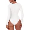 imageREORIA Womens Long Sleeve Bodysuits Fall Basic Round Neck Lightweight Double Lined Layering Slim Body Suit TopsWhite