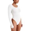 imageREORIA Womens Long Sleeve Bodysuits Fall Basic Round Neck Lightweight Double Lined Layering Slim Body Suit TopsWhite
