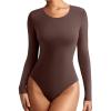imageREORIA Womens Long Sleeve Bodysuits Fall Basic Round Neck Lightweight Double Lined Layering Slim Body Suit TopsCocoa