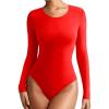 imageREORIA Womens Long Sleeve Bodysuits Fall Basic Round Neck Lightweight Double Lined Layering Slim Body Suit TopsRed