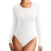 imageREORIA Womens Long Sleeve Bodysuits Fall Basic Round Neck Lightweight Double Lined Layering Slim Body Suit TopsWhite