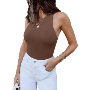 imageREORIA Butsmooth Womens Basic Sexy Sleeveless Racer Back Halter Neck Bodysuit Tank TopsCoffee