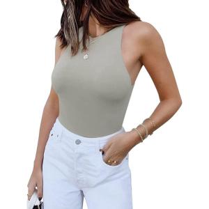 imageREORIA Butsmooth Womens Basic Sexy Sleeveless Racer Back Halter Neck Bodysuit Tank TopsLight Grey