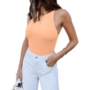 imageREORIA Butsmooth Womens Basic Sexy Sleeveless Racer Back Halter Neck Bodysuit Tank TopsPeach Fuzz