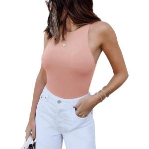 imageREORIA Butsmooth Womens Basic Sexy Sleeveless Racer Back Halter Neck Bodysuit Tank TopsPink