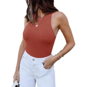 imageREORIA Butsmooth Womens Basic Sexy Sleeveless Racer Back Halter Neck Bodysuit Tank TopsRusty Red