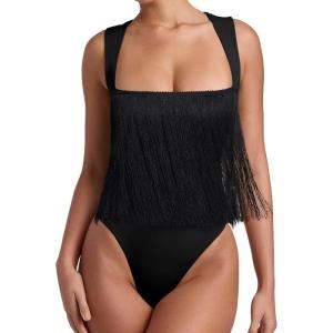 imageREORIA Butsmooth Womens Sexy Sleeveless Square Neck Double Lined Basic Bodysuit Tank TopsBlack Fringe