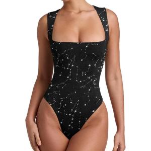 imageREORIA Butsmooth Womens Sexy Sleeveless Square Neck Double Lined Basic Bodysuit Tank TopsBlack Glitter
