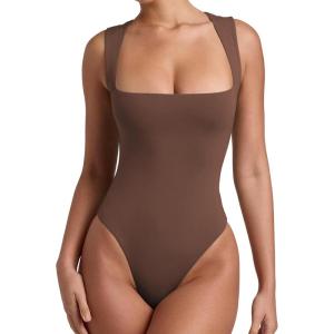 imageREORIA Butsmooth Womens Sexy Sleeveless Square Neck Double Lined Basic Bodysuit Tank TopsCoffee