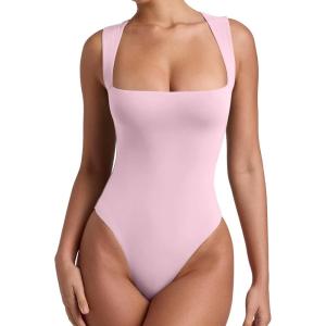 imageREORIA Butsmooth Womens Sexy Sleeveless Square Neck Double Lined Basic Bodysuit Tank TopsLight Pink