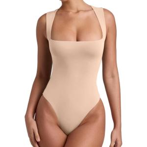 imageREORIA Butsmooth Womens Sexy Sleeveless Square Neck Double Lined Basic Bodysuit Tank TopsNude