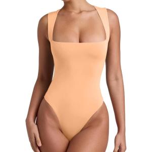 imageREORIA Butsmooth Womens Sexy Sleeveless Square Neck Double Lined Basic Bodysuit Tank TopsPeach Fuzz