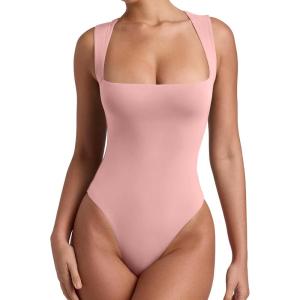 imageREORIA Butsmooth Womens Sexy Sleeveless Square Neck Double Lined Basic Bodysuit Tank TopsPink