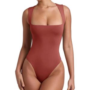 imageREORIA Butsmooth Womens Sexy Sleeveless Square Neck Double Lined Basic Bodysuit Tank TopsRusty Red