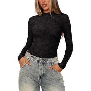 imageREORIA Womens Lace Crew Neck Bodysuits Long Sleeve Double Lined Going Out Fashion Tops 2024 TrendyBlack