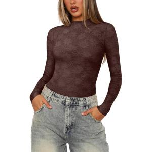imageREORIA Womens Lace Crew Neck Bodysuits Long Sleeve Double Lined Going Out Fashion Tops 2024 TrendyCoffee