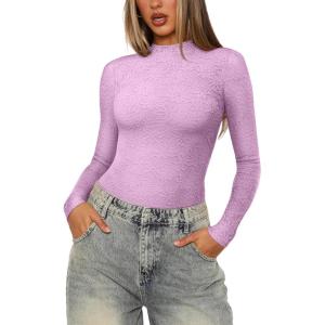 imageREORIA Womens Lace Crew Neck Bodysuits Long Sleeve Double Lined Going Out Fashion Tops 2024 TrendyLilac