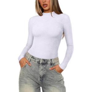 imageREORIA Womens Lace Crew Neck Bodysuits Long Sleeve Double Lined Going Out Fashion Tops 2024 TrendyWhite