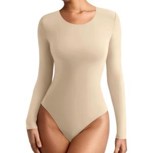 imageREORIA Womens Long Sleeve Bodysuits Fall Basic Round Neck Lightweight Double Lined Layering Slim Body Suit TopsApricot