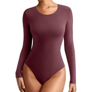 imageREORIA Womens Long Sleeve Bodysuits Fall Basic Round Neck Lightweight Double Lined Layering Slim Body Suit TopsBurgundy