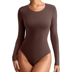imageREORIA Womens Long Sleeve Bodysuits Fall Basic Round Neck Lightweight Double Lined Layering Slim Body Suit TopsCocoa