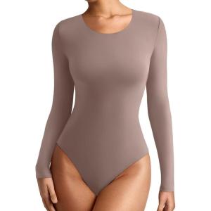imageREORIA Womens Long Sleeve Bodysuits Fall Basic Round Neck Lightweight Double Lined Layering Slim Body Suit TopsLight Coffee