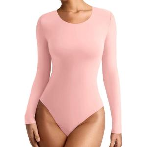 imageREORIA Womens Long Sleeve Bodysuits Fall Basic Round Neck Lightweight Double Lined Layering Slim Body Suit TopsLight Pink