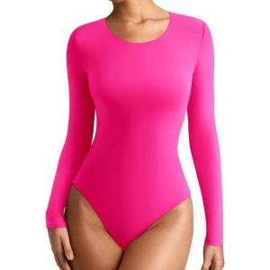 imageREORIA Womens Long Sleeve Bodysuits Fall Basic Round Neck Lightweight Double Lined Layering Slim Body Suit TopsNeon Rose Red