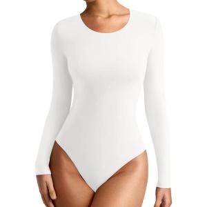 imageREORIA Womens Long Sleeve Bodysuits Fall Basic Round Neck Lightweight Double Lined Layering Slim Body Suit TopsWhite