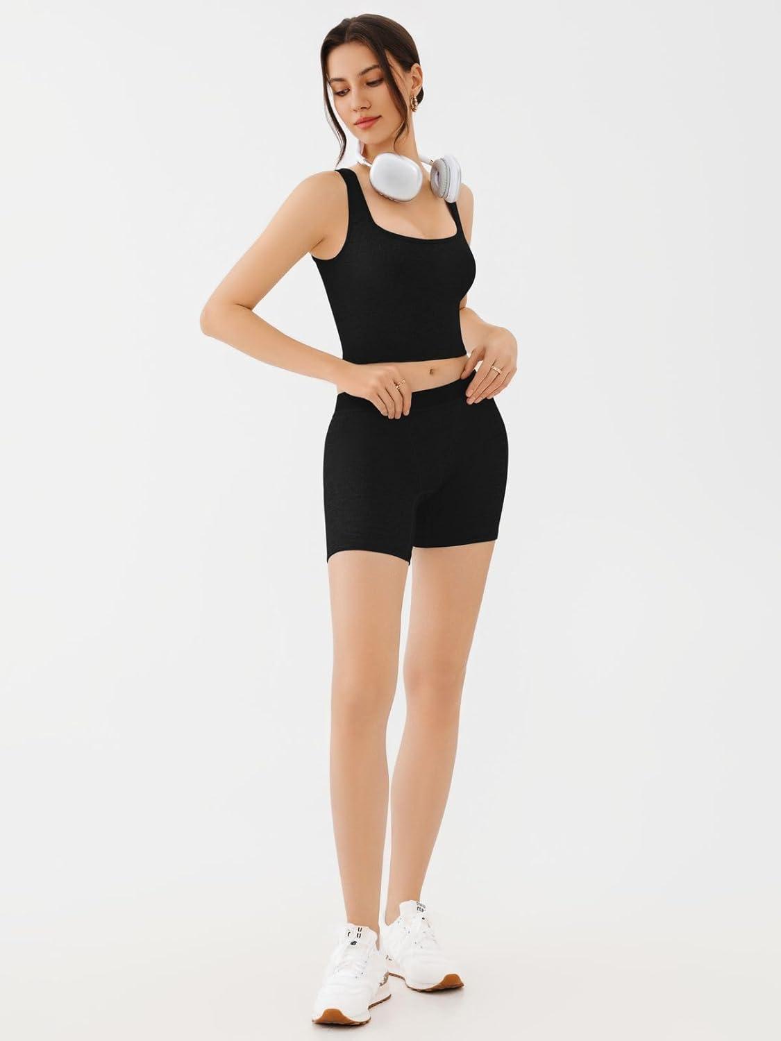 imageREORIA Matching Workout Sets for Women 2 Pieces Sleeveless Ribbed Crop Tank Mid Waist Shorts Lounge Yoga Outfits Active WearBlack