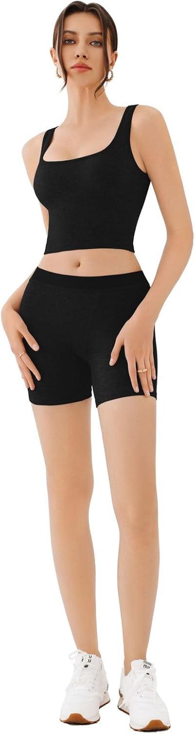 imageREORIA Matching Workout Sets for Women 2 Pieces Sleeveless Ribbed Crop Tank Mid Waist Shorts Lounge Yoga Outfits Active WearBlack