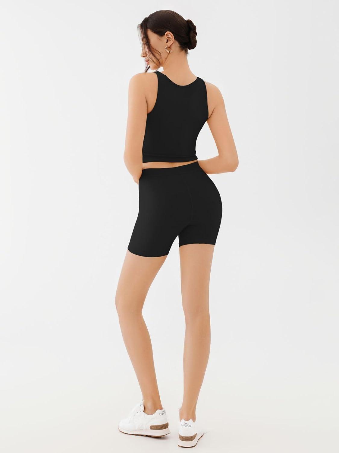 imageREORIA Matching Workout Sets for Women 2 Pieces Sleeveless Ribbed Crop Tank Mid Waist Shorts Lounge Yoga Outfits Active WearBlack