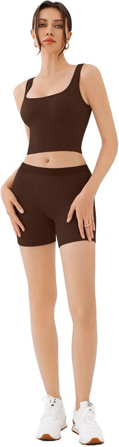 imageREORIA Matching Workout Sets for Women 2 Pieces Sleeveless Ribbed Crop Tank Mid Waist Shorts Lounge Yoga Outfits Active WearCoffee