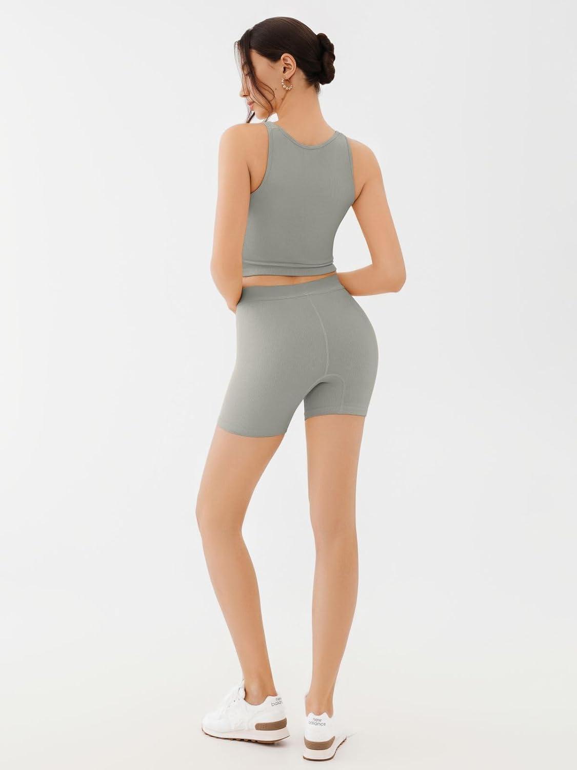 imageREORIA Matching Workout Sets for Women 2 Pieces Sleeveless Ribbed Crop Tank Mid Waist Shorts Lounge Yoga Outfits Active WearHeather Grey